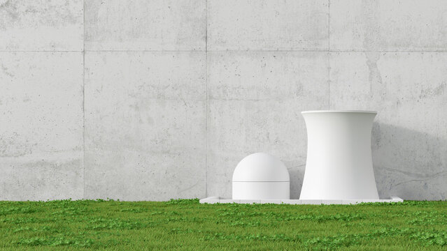 3D Illustration, nuclear power station, concrete wall and meadow