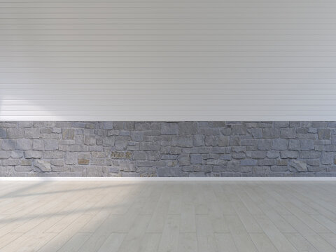 Plank floor, natural stone and panel wall, 3D Rendering