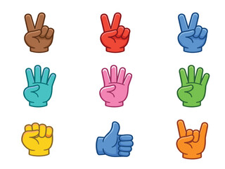 Fototapeta premium Hand gesture vector cartoon icon set. Peace sign, counting fingers, fist, thumbs up, rock on horns, colorful hands, communication body language symbols and success emoji graphics.