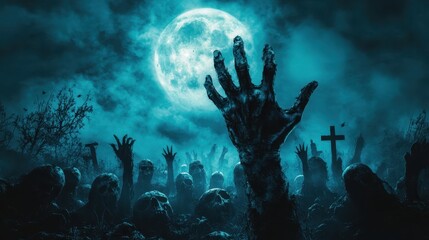 Obraz premium Bony pale hands of sexy woman vampire with sharp bloody red nails rising out from the ground,Halloween grave crosses,zombies at night,creepy hand coming out of the ground,halloween concept.