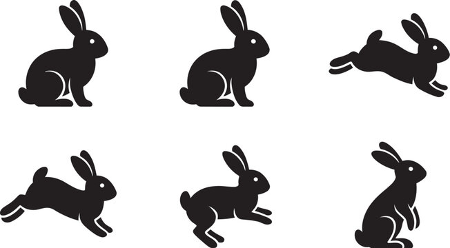 Rabbit silhouette vector collection, set of 6 black bunny icons featuring jumping, sitting, running, and resting poses, minimalist hare animal shapes for wildlife branding, Easter design elements, 