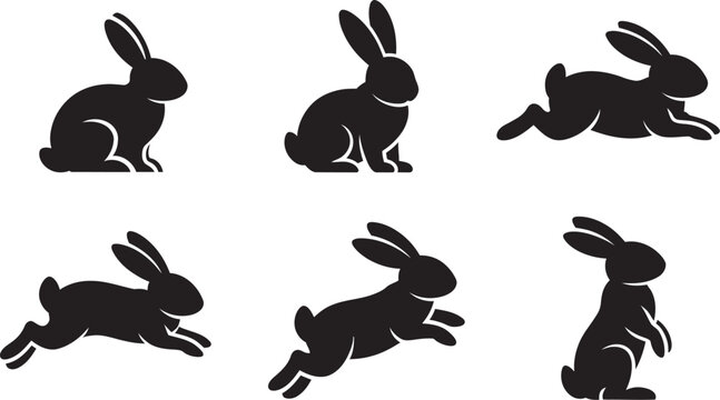 Rabbit silhouette vector collection, black bunny icons in jumping and sitting poses, set of 6 minimalist hare animal shapes, clean wildlife silhouette pack for nature design, Easter themes, 