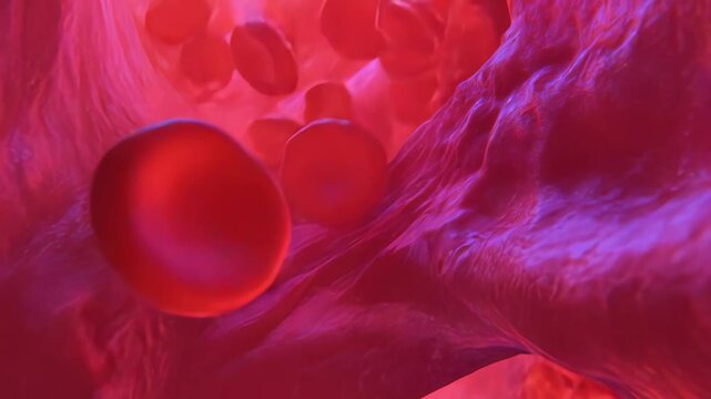 Red blood cells flowing through a microscopic human vein, close up visualization of blood flow and circulatory function for medical, biological, and health related concepts
