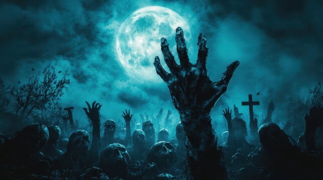 Bony pale hands of sexy woman vampire with sharp bloody red nails rising out from the ground,Halloween grave crosses,zombies at night,creepy hand coming out of the ground,halloween concept.