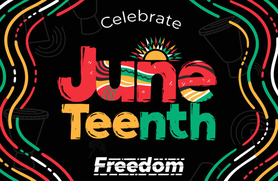 Vibrant juneteenth celebration graphic with colorful text and freedom theme