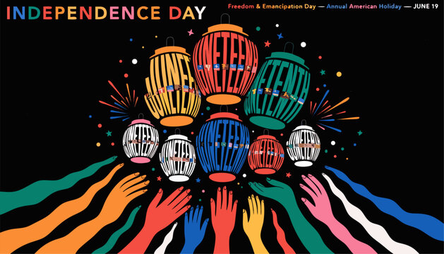 Vibrant lanterns and hands celebrating freedom and emancipation day on june 19