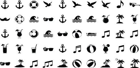 Naklejka premium Icons representing summer vacation activities and nautical symbols are arranged in a organized grid pattern.