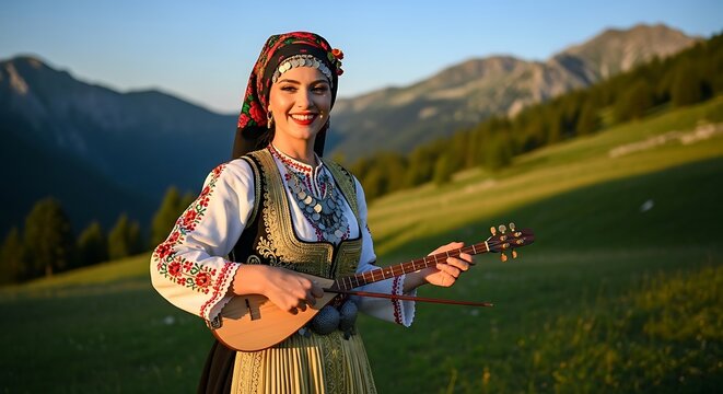 Woman in Traditional Albanian Dress Playing ?ifteli in Mountains.