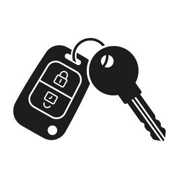 Black car key with remote control fob on white background icon