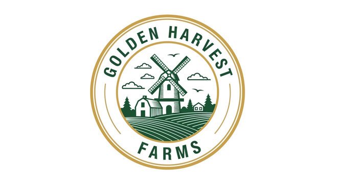 Traditional farm logo with a classic windmill and barn surrounded by golden harvest fields. An emblem representing sustainable agriculture, natural bounty, and rural life