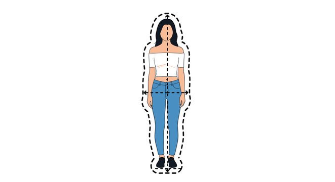 Fashion model silhouette with dashed lines and arrows showing key body measurement points for clothing fit and tailoring.