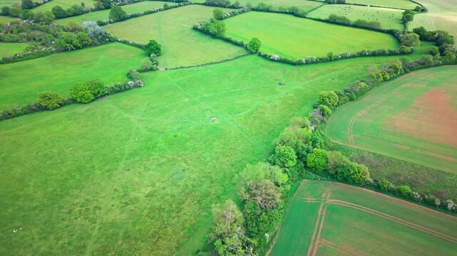 Aerial drone footage over patchwork farmland in the English countryside, showing green pasture fields, crop fields, hedgerows, trees, field boundaries, and rural landscape patterns.