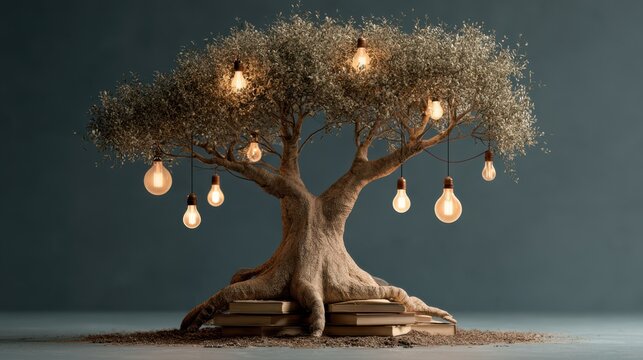 A conceptual image of a tree with roots made of books and branches emitting light, symbolizing knowledge, growth, and enlightenment.