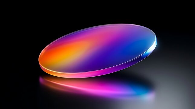 Abstract oval glass prism with iridescent rainbow colors and reflection on black background