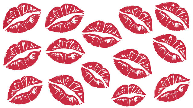 Vector illustration of multiple red kiss marks and lipstick prints as a scattered pattern with lipstick