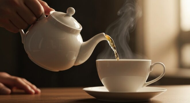 Hot tea being poured from a white teapot into a cup. Steam rising