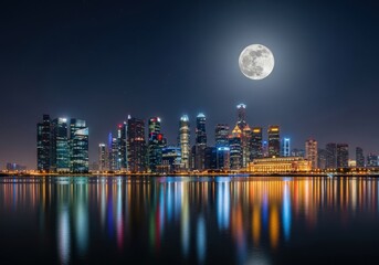 Fototapeta premium Singapore city skyline at night with full moon reflecting on the water surface of the bay