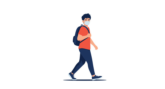 Young man wearing a face mask walks forward with a backpack while commuting during the pandemic or urban travel scenario.