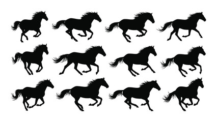 Collection Of Running Horses In Various Poses Black Vector Silhouette horse equine equines galloping trotting prancing mane tail animal animals © SIMPLYXRIAD