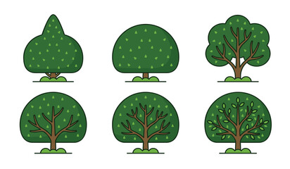 Green tree vector icon set. Round, pointed crowns, trunks, branches, small leaves, flat design, nature landscape graphics, eco forestry and outdoor vegetation elements. © Creative Studio 