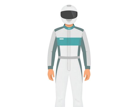 A person wearing a white racing suit with teal accents and a helmet