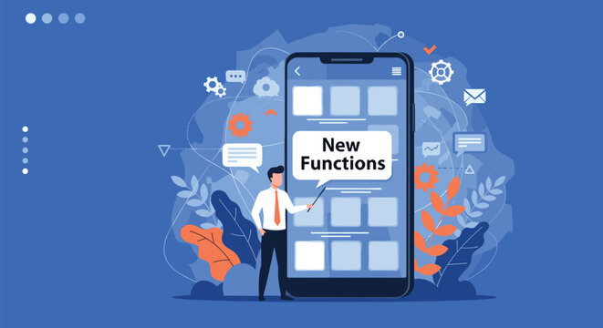 Mobile app developer presents new functions on a giant smartphone screen during a technical product launch or software update event.
