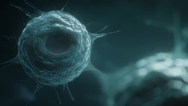 Microscopic cells with textured surfaces and protruding spikes float in a dark fluid, illustrating pathogenic organisms multiplying and causing disease at a cellular level