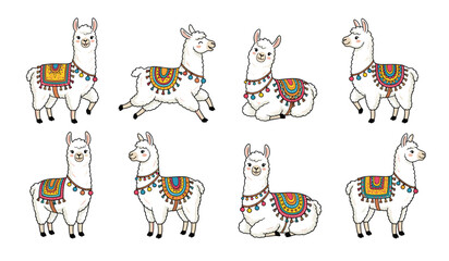 Naklejka premium Cute llama vector character set. Alpaca, sitting, standing, running, traditional colorful saddles, fluffy white wool, animal mascots and nursery design elements.