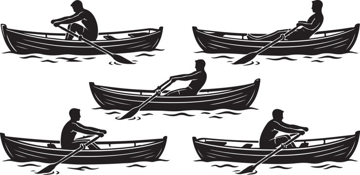 Black silhouette rowing boat icons, vector rowing people, oarsman illustrations, water sports graphics