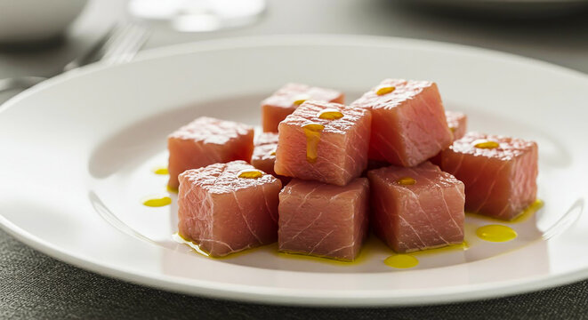 Fresh Raw Tuna Cubes with Olive Oil Dressing on a White Plate