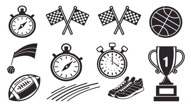 Vector illustration of sports and racing icons set featuring trophies stopwatch ball and finish flags