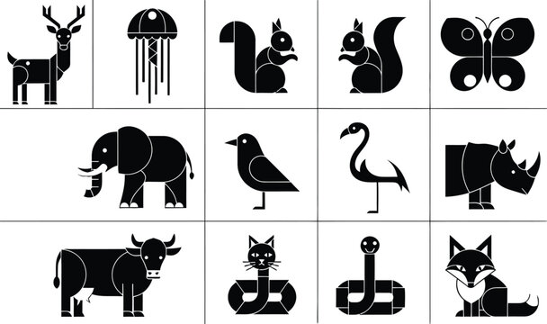 Collection of twelve black and white geometric animal and creature including a deer, jellyfish, squirrels, butterfly, elephant, bird, flamingo, rhino, cow, cat, snake, and fox