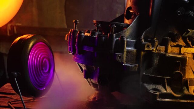 cleaning and washing with a steam cleaner of an old manual transmission from a front-wheel drive car for repair evening video shooting with red and purple lighting