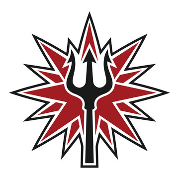 Red starburst shape with black trident fork prongs symbol on white background icon