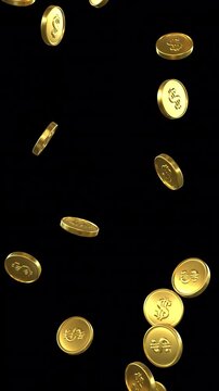 Falling dollar gold coins &ndash; 3d render looped with alpha channel.