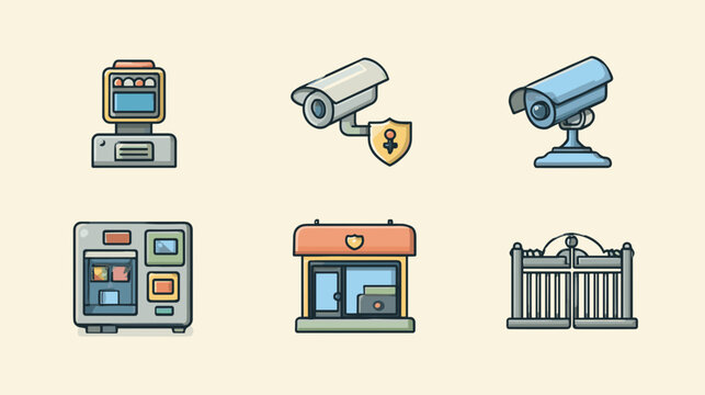 Collection of pixel art security icons including cameras building gate and access control systems
