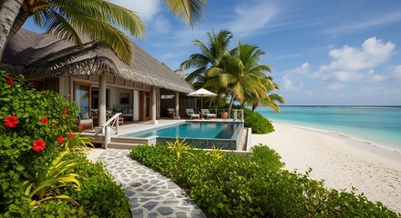 Fototapeta premium Luxurious beachfront villa with thatched roof, pool, and tropical greenery in a tropical paradise.