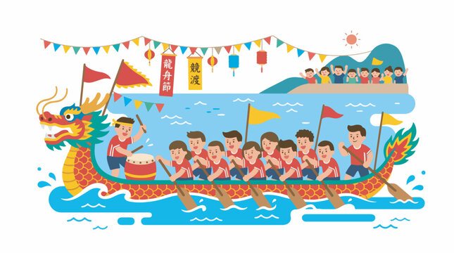 A vibrant illustration of a dragon boat race with a team of rowers and a drummer, cheered on by spectators on the shore.