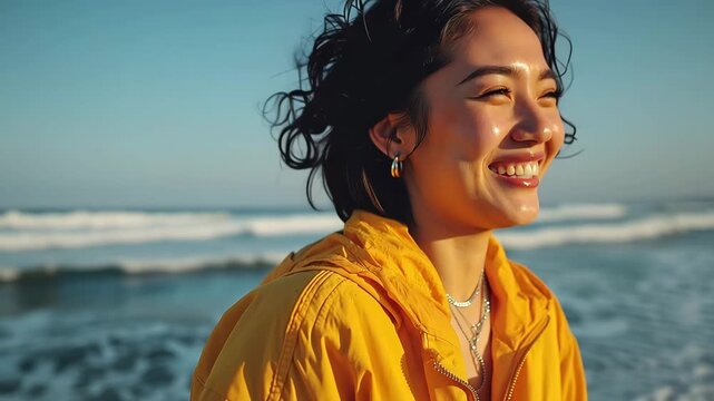 asian young woman feeling happy and relax at the breezing beach