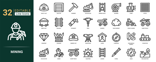 Mining linear icons set featuring miner, hammer, dump truck, safety hat, gear, reclamation, sifter and diamond symbols. Professional vector line icons. Vector illustration. © PROTIKCHANDRADEB