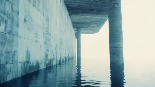 Concrete bridge structure rising from still dark water, creating a surreal and unsettling liminal space with minimalist shapes fading into a foggy backdrop