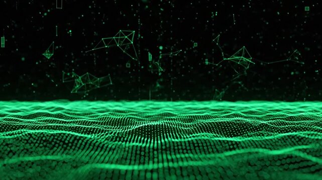 Green digital particle landscape with floating geometric constellations in deep black space.