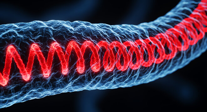 Close up macro of Ebola virus filament showing helical ribonucleoprotein structure glowing red, 3D macro rendering