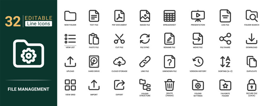 File management linear icons set featuring new folder, text file, view list, upload, export and import symbols. Professional vector line icons. Vector illustration.