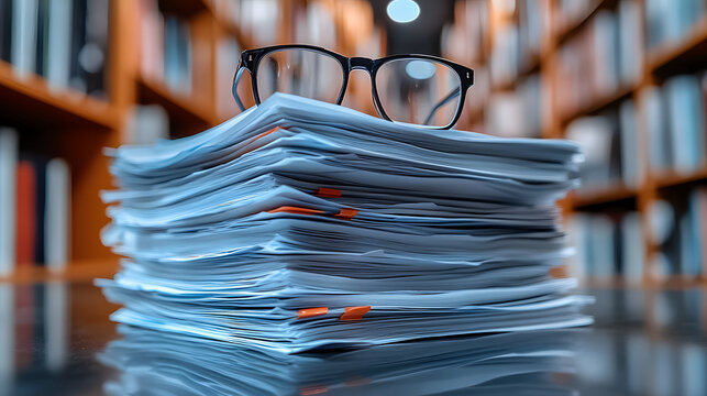 Thick stack of paper documents and files lying on an office desk with glasses