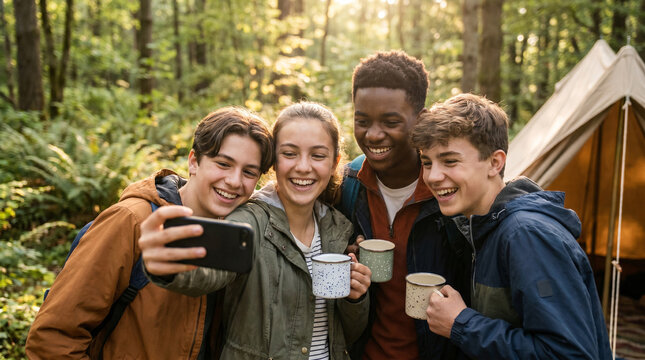 Four happy teenagers taking a group selfie while camping in the woods. Smiling friends enjoying a fun outdoor summer hangout with cups and a tent. Youth lifestyle concept.