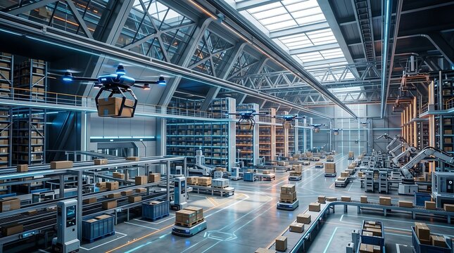 Automated warehouse with drones and robots transporting boxes on conveyor belts and shelves.