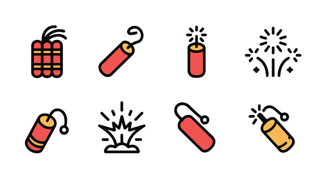 Set of dynamite and firework icons, explosive devices and pyrotechnics vector