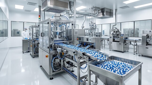 Pharmaceutical manufacturing facility with machine producing blue and white capsules on a conveyor belt.
