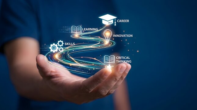 Person holding glowing career development and learning concepts in their hand with futuristic interface